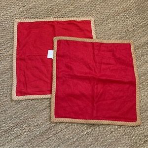 2 Pottery Barn NWT Red Linen Pillow Covers with Braided Jute Trim 20in